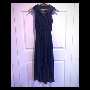 Navy Blue Hi-Low Dress with Lace Detail!